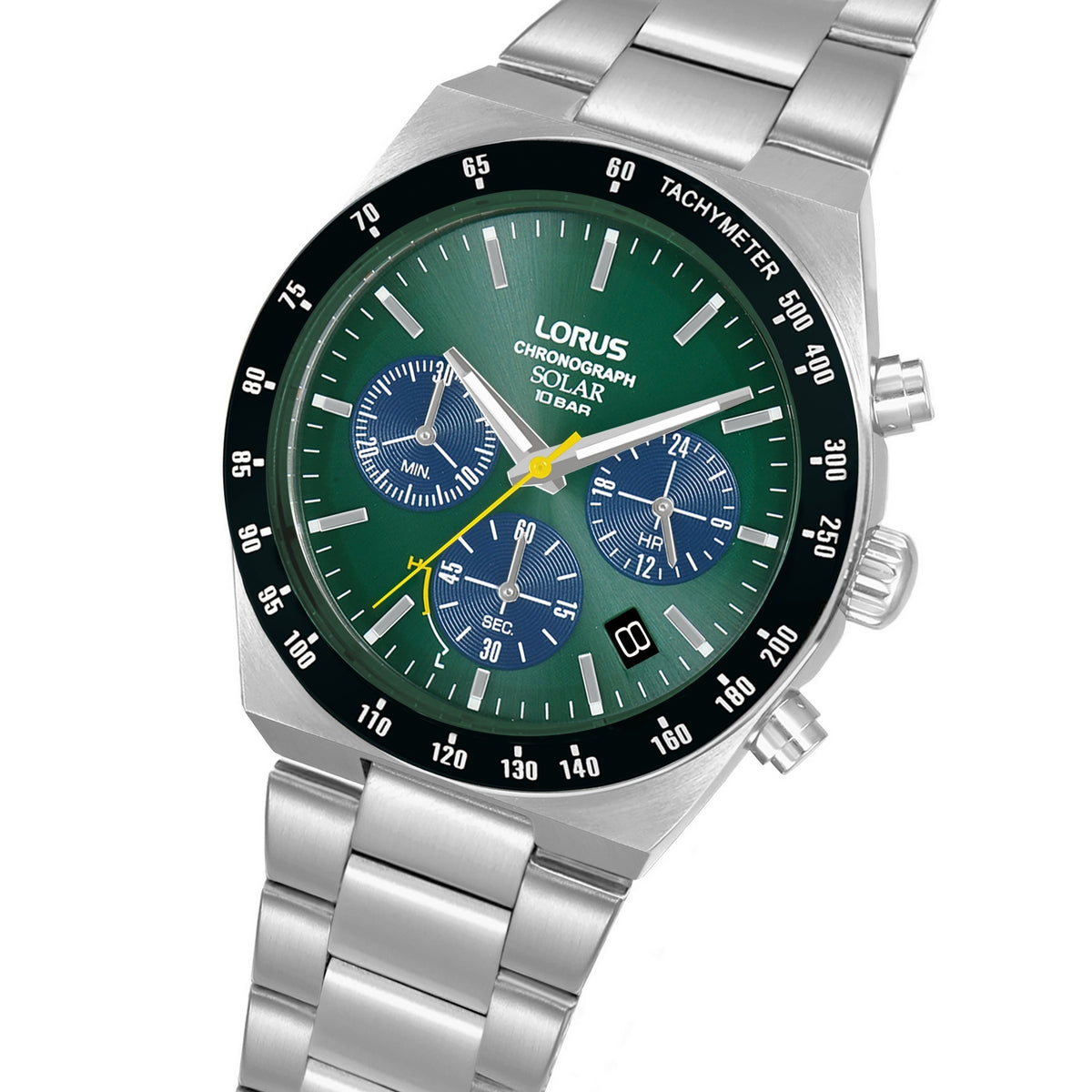 lorus solar chronograph gents stainless steel green dial bracelet watch