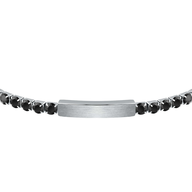 sector tennis bracelet with black cz and stainless steel tag