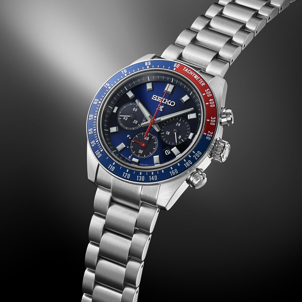 prospex speedtimer 41.4mm solar chronograph blue & red bezel stainless steel bracelet watch