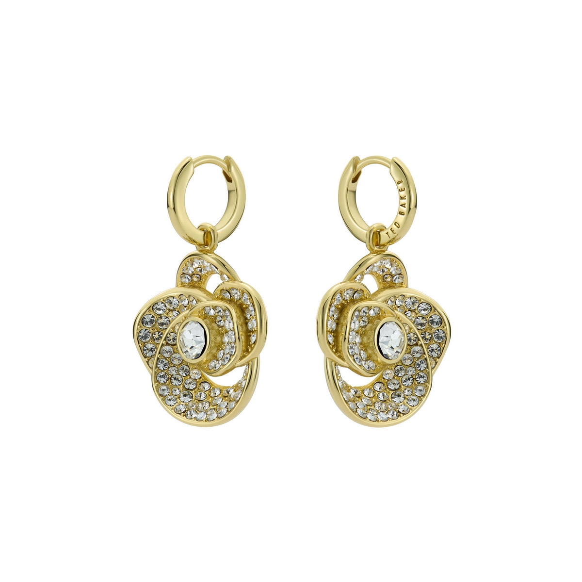 ted baker florence: crystal flower gold tone, crysatal drop earrings