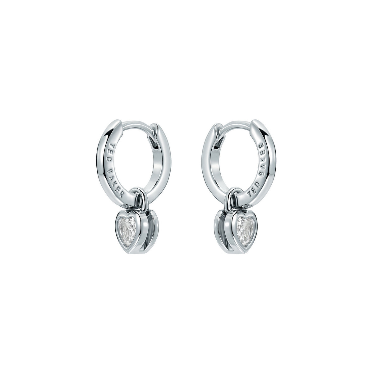 ted baker harper: mini crystal heart huggie earrings  silver tone clear crystal