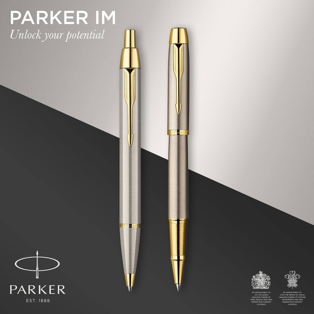 parker im duo gift set with ballpoint pen & rollerball pen brushed metal with gold trim black ink refill & cartridge