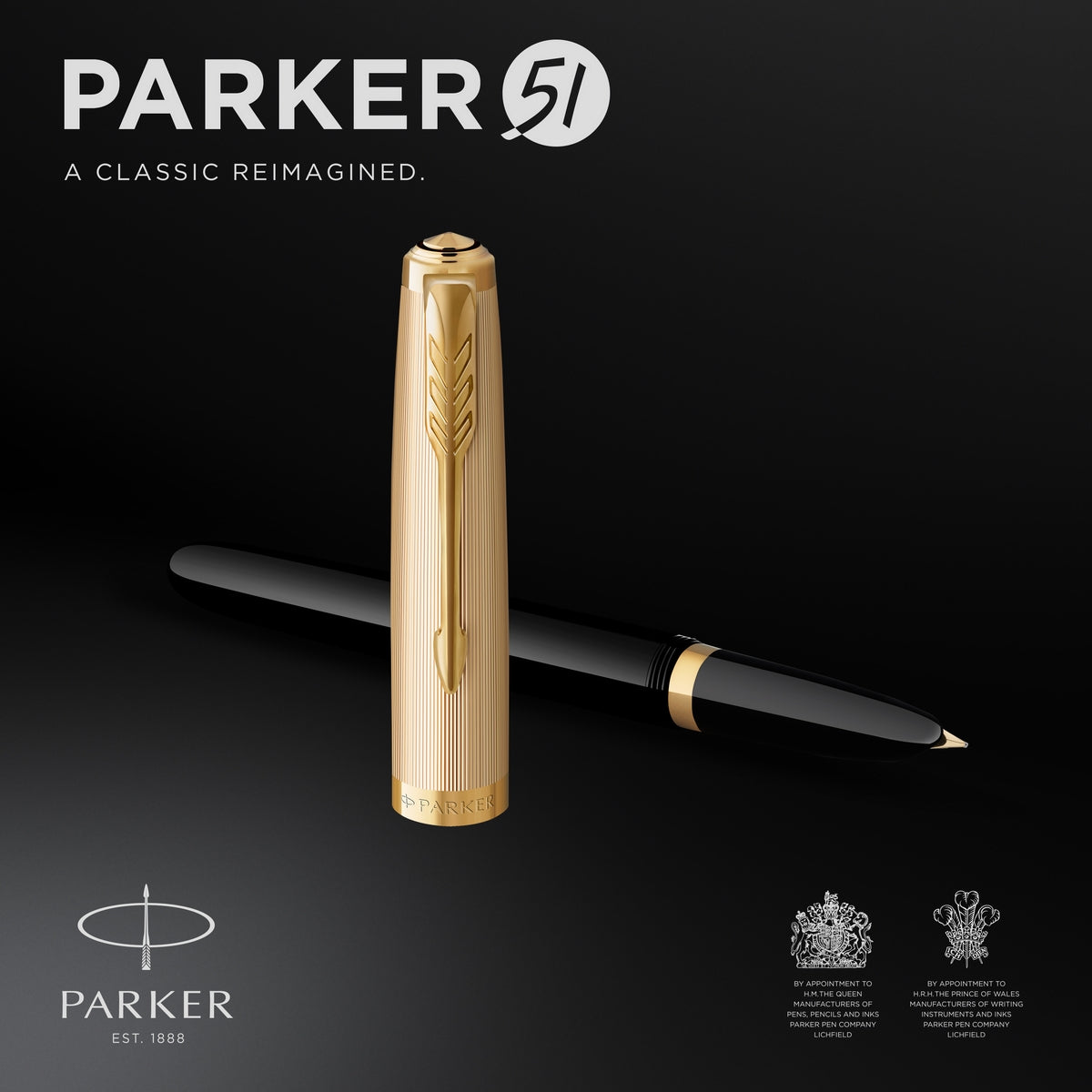 parker 51 fountain pen deluxe black barrel with gold trim medium 18k gold nib with black ink cartridge