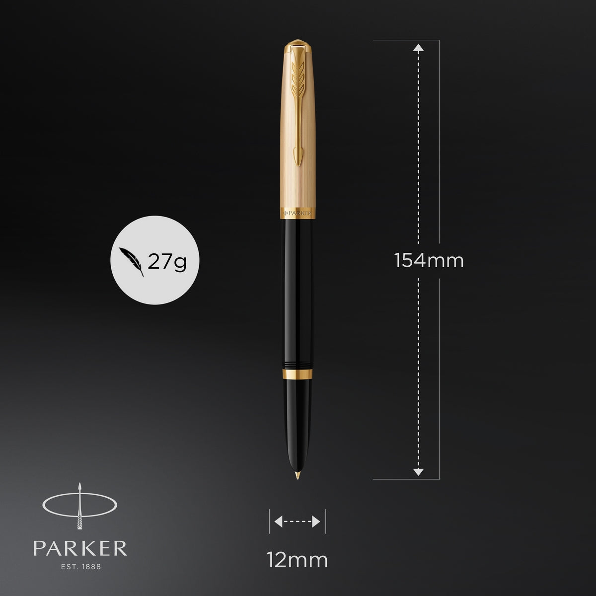 parker 51 fountain pen deluxe black barrel with gold trim medium 18k gold nib with black ink cartridge