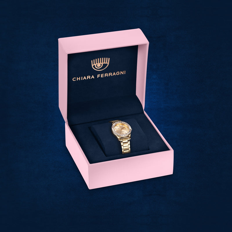 chiara ferragni sport 36mm yg case with white / pink baguette 3h mvt silver dial bracelet