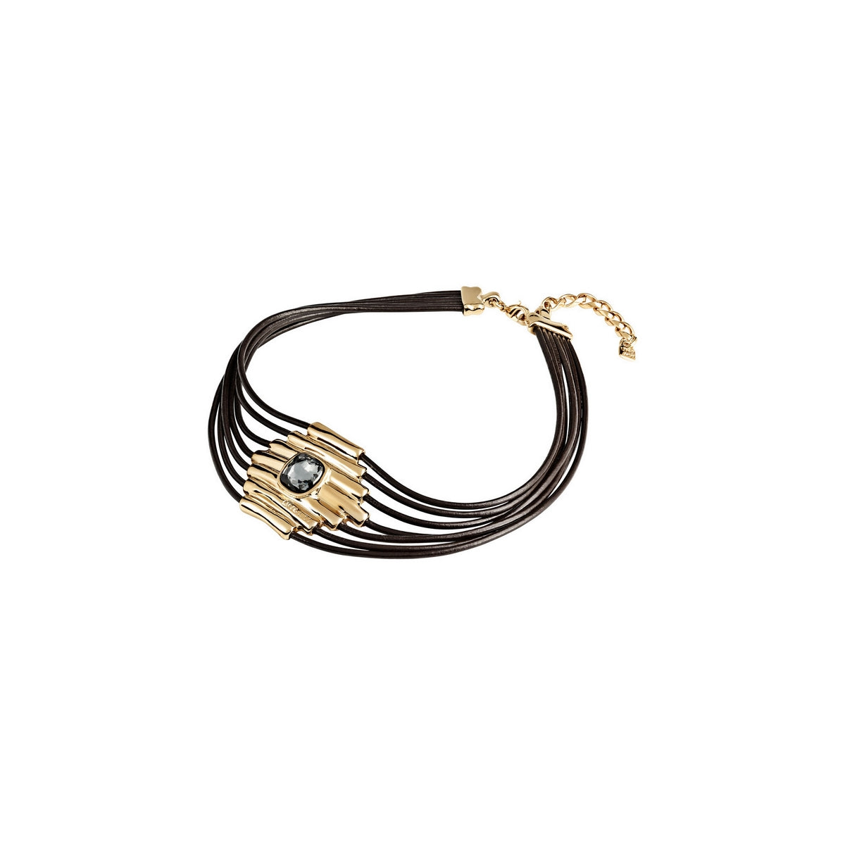 uno de 50 attached short 7- brown leather strap necklace  gold-plated metal alloy cast tubule charm and grey crystal