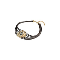 uno de 50 attached short 7- brown leather strap necklace  gold-plated metal alloy cast tubule charm and grey crystal