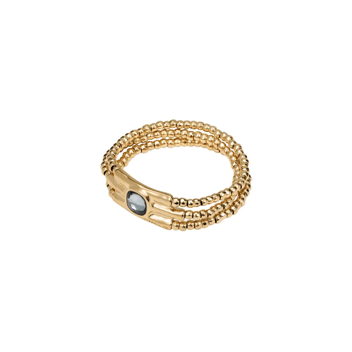 uno de 50 waterfalls elastic 3-strand gold-plated metal alloy bracelet with 3-cast tubule charm and grey crystal