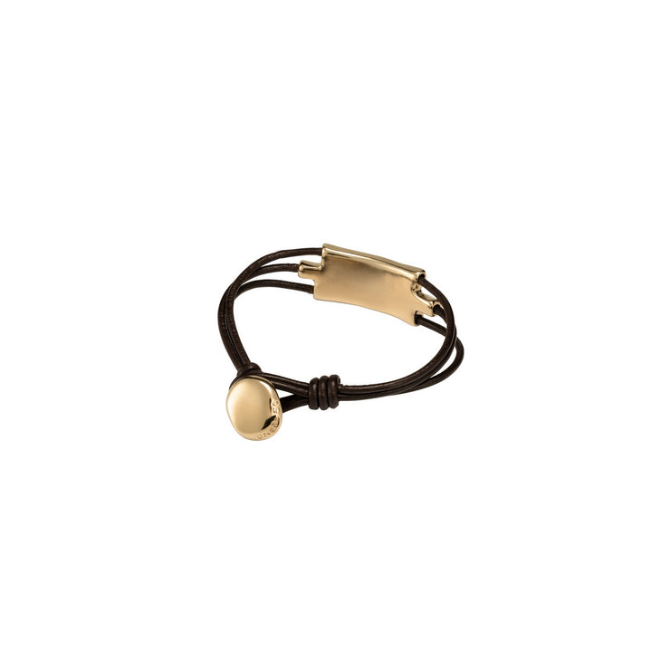 uno de 50 spidergrey 3-brown leather strap bracelet and gold-plated metal alloy 3-cast tubule charm and button clasp