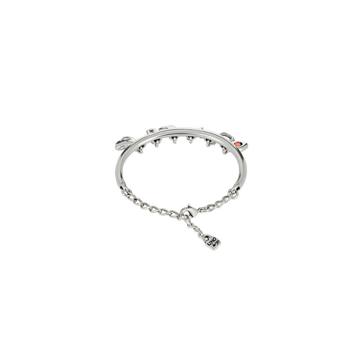 uno de 50 lovekeys silver-plated metal alloy bracelet,  tubule, pink crystal, heart, dragonfly and love message charms