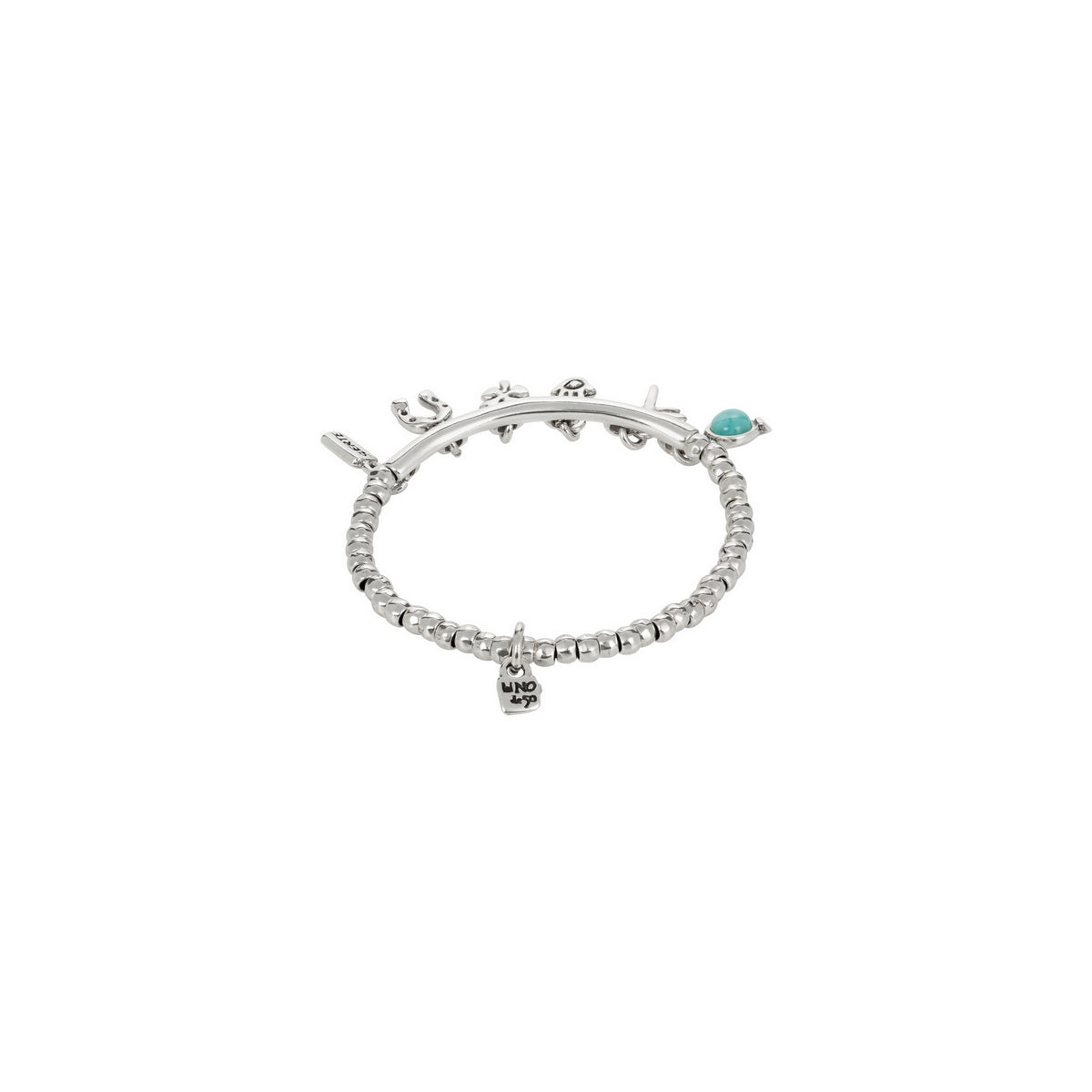 uno de 50 luckykeys elastic silver-plated metal alloy bracelet, tubule, amazonite, dragonfly, hand, clover, etc charms