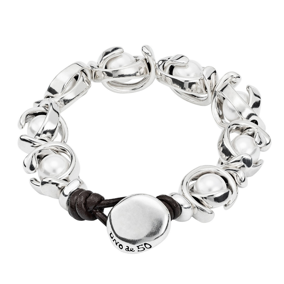 uno de 50 double moon 1-strand silver-plated metal alloy bracelet with 8 two moon-shaped charm, 8 pearls and button clasp
