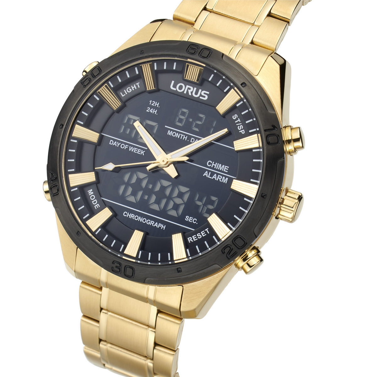 lorus quartz dual time gold plated black dial bracelet watch