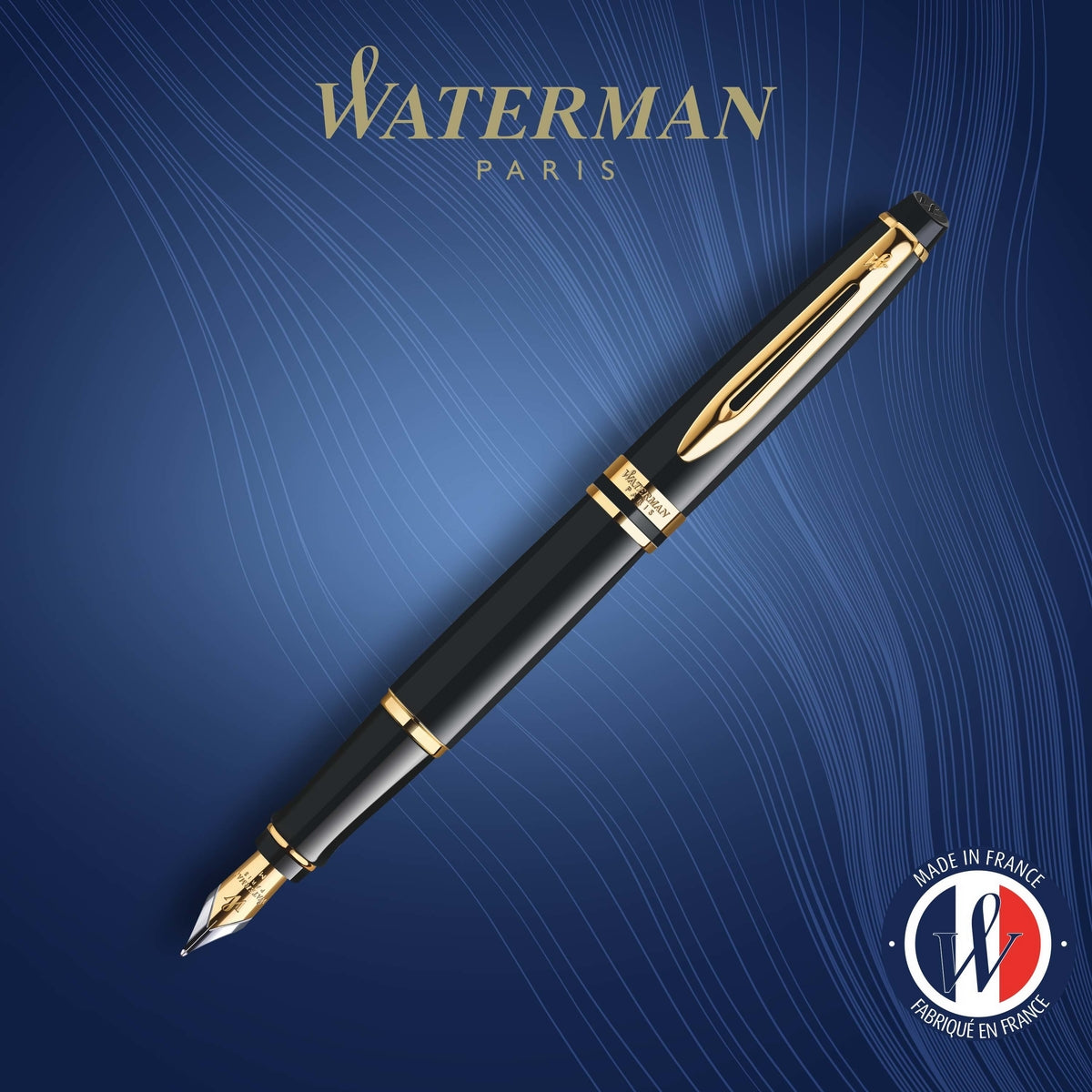 waterman - expert- fountain pen black with gold trim, medium nib