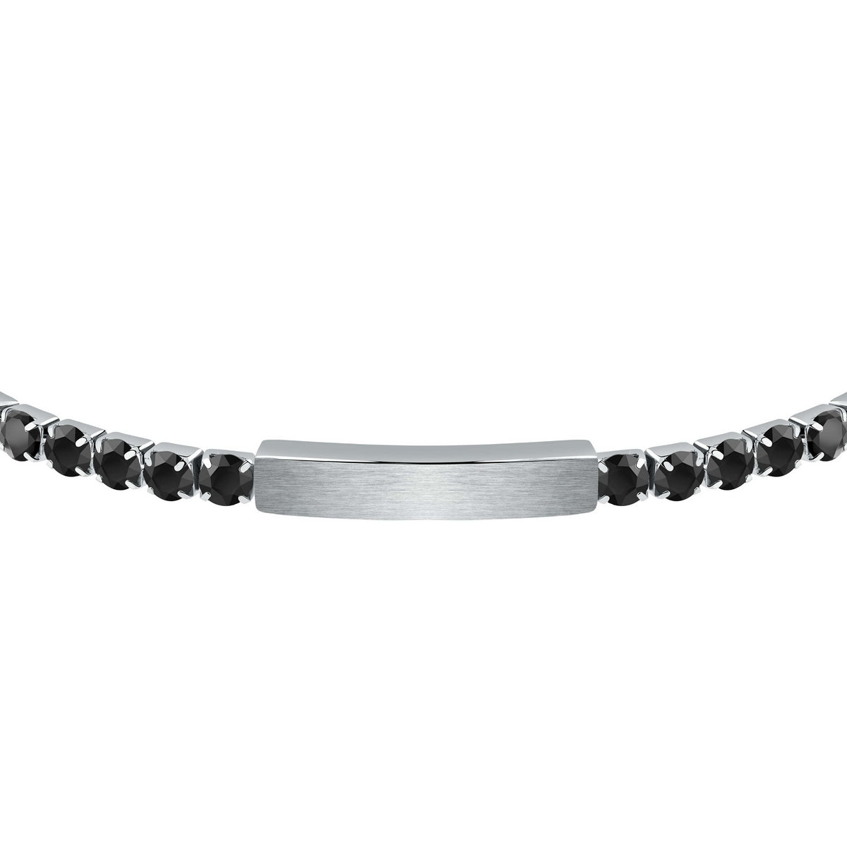 sector tennis bracelet with black cz and stainless steel tag
