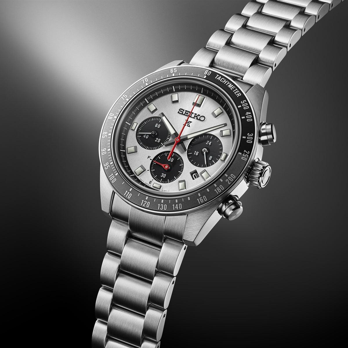 prospex speedtimer 41.4mm solar chronograph black & grey bezel stainless steel bracelet watch