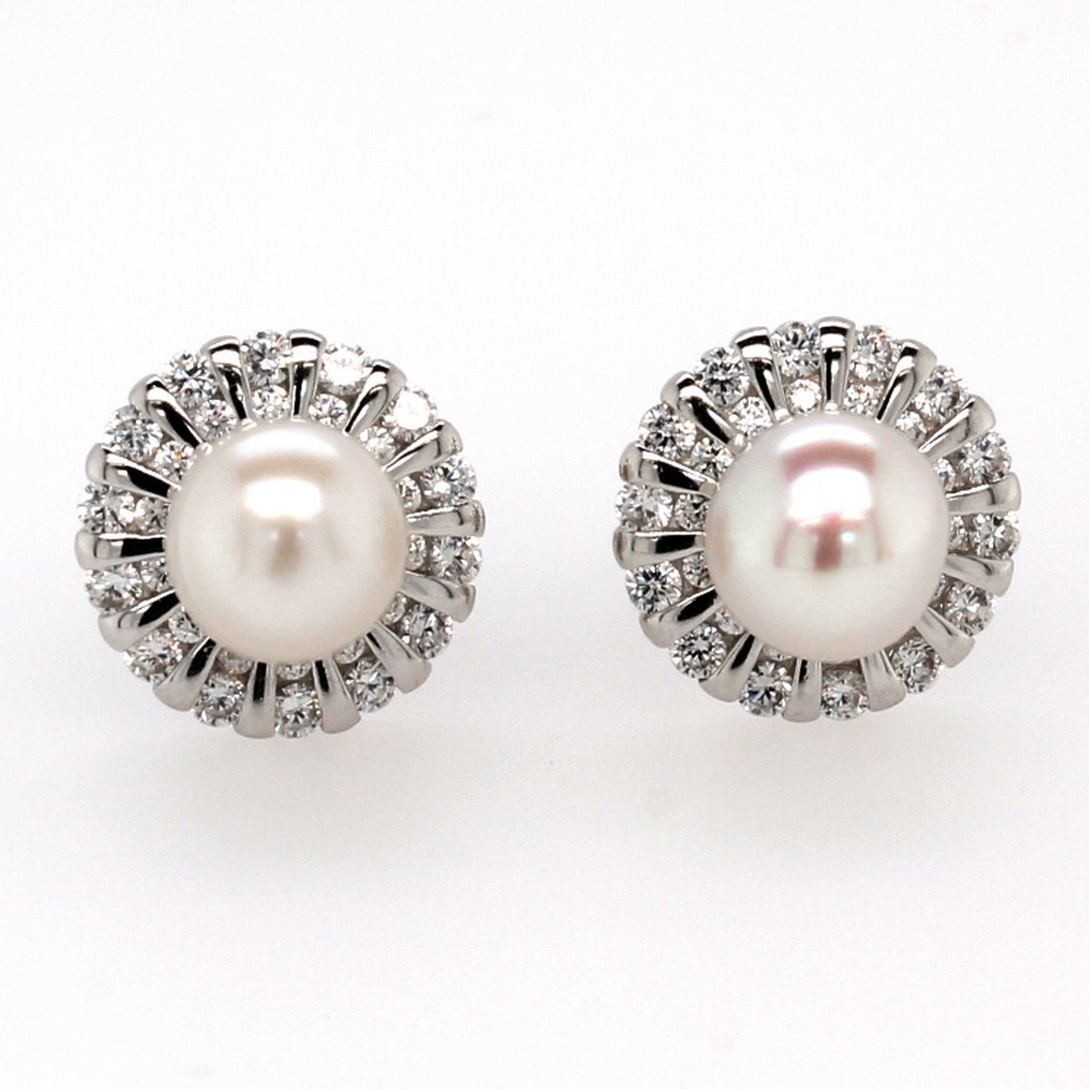 silver pearl and cz cluster stud earring and pendant set 6mm�